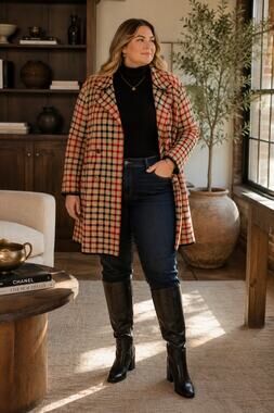 Kasper Plaid Coatigan Open Front Sweater Cardigan Jacket 3X Red Tan Plus Size